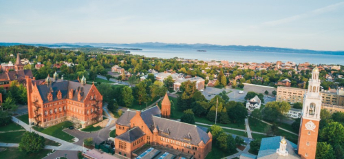 An aerial view of the University of Vermont.