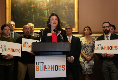 Maura Collins, Executive Director for VHFA, and Let's Build Homes Coalition members launch new home building initiative for Vermont Maura Collins, Executive Director for VHFA, and Let's Build Homes Coalition members launch new home building initiative for Vermont